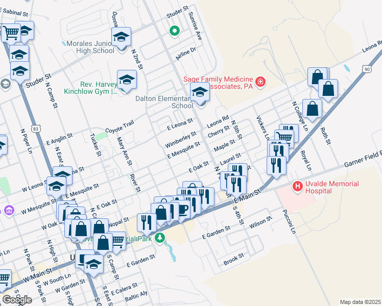 map of restaurants, bars, coffee shops, grocery stores, and more near 312 North 3rd Street in Uvalde
