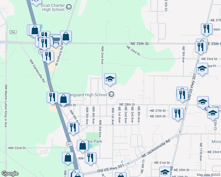 map of restaurants, bars, coffee shops, grocery stores, and more near 7 Northwest 28th Street in Ocala