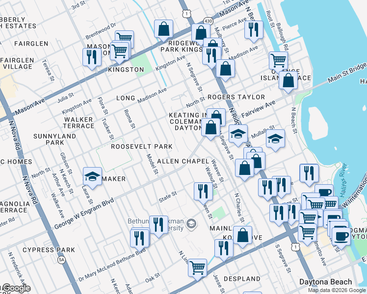 map of restaurants, bars, coffee shops, grocery stores, and more near 425 Walnut Street in Daytona Beach