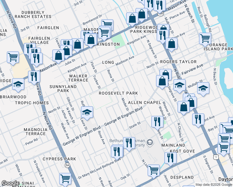 map of restaurants, bars, coffee shops, grocery stores, and more near 505 Lincoln Street in Daytona Beach
