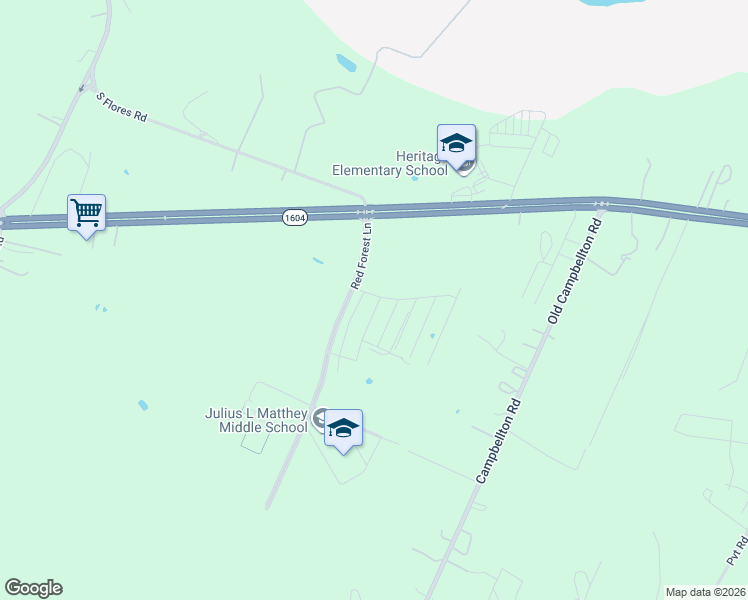 map of restaurants, bars, coffee shops, grocery stores, and more near Red Forest Lane in San Antonio