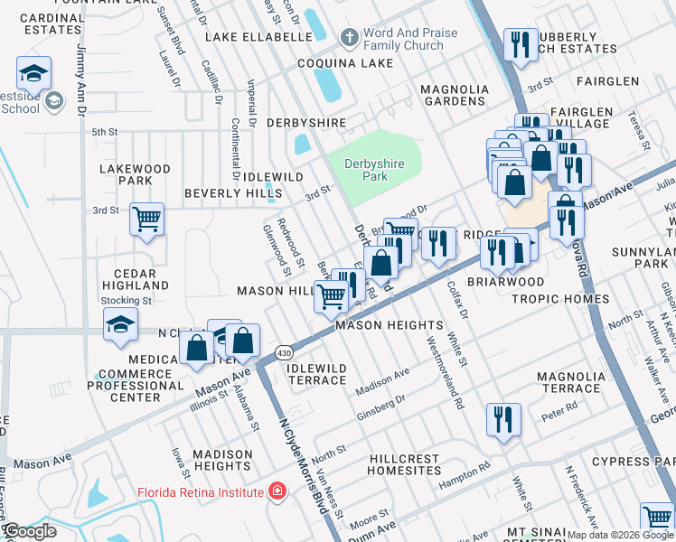 map of restaurants, bars, coffee shops, grocery stores, and more near 839 Berkshire Road in Daytona Beach