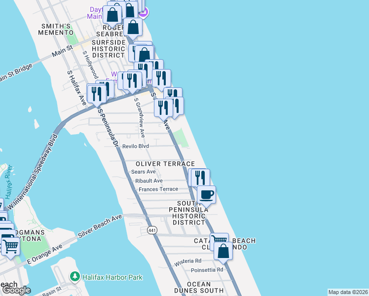 map of restaurants, bars, coffee shops, grocery stores, and more near 701 Florida A1A in Daytona Beach