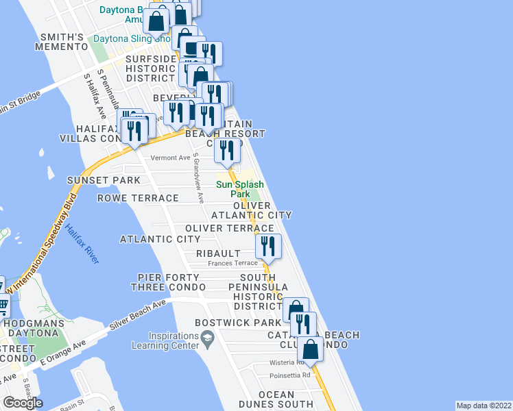 map of restaurants, bars, coffee shops, grocery stores, and more near 701 Florida A1A in Daytona Beach