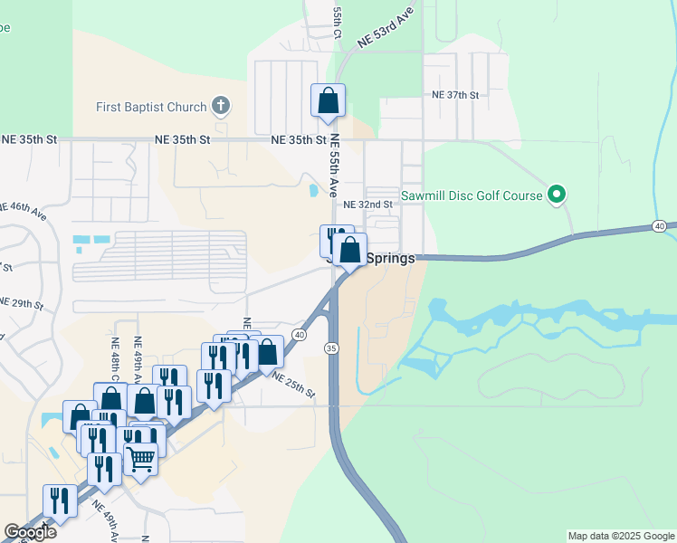 map of restaurants, bars, coffee shops, grocery stores, and more near 5545 Florida 40 in Ocala