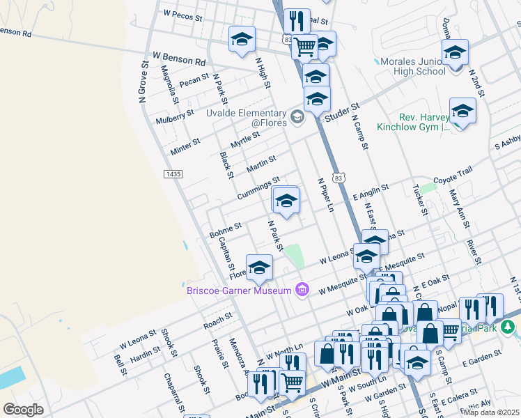 map of restaurants, bars, coffee shops, grocery stores, and more near 304 Bohme Street in Uvalde