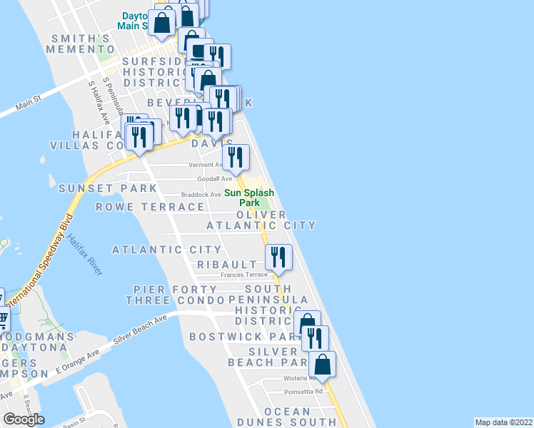 map of restaurants, bars, coffee shops, grocery stores, and more near 701 Florida A1A in Daytona Beach