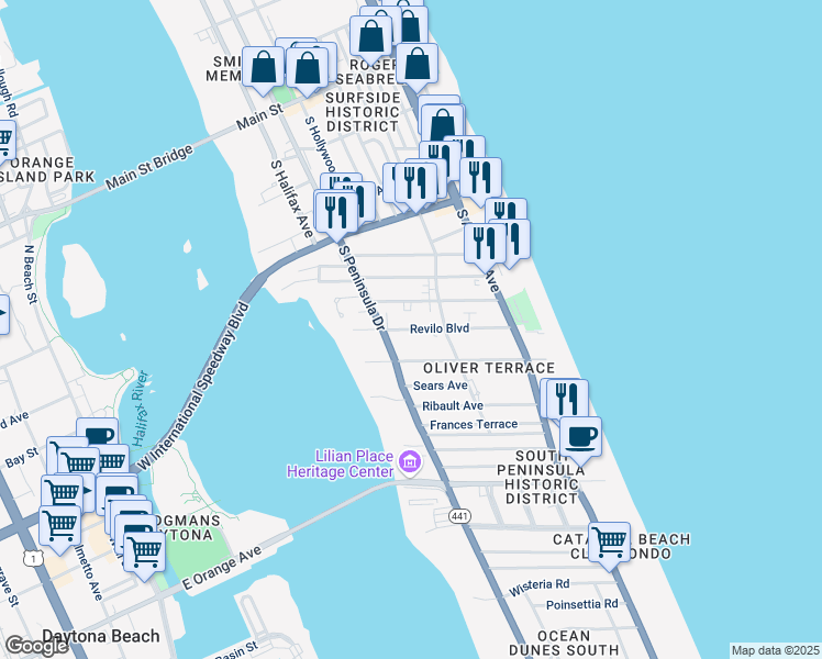 map of restaurants, bars, coffee shops, grocery stores, and more near 322 Revilo Boulevard in Daytona Beach
