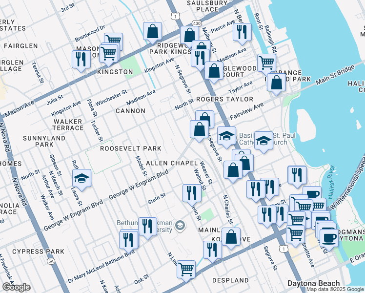 map of restaurants, bars, coffee shops, grocery stores, and more near 425 Walnut Street in Daytona Beach