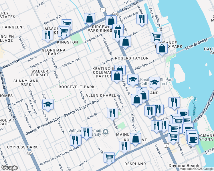 map of restaurants, bars, coffee shops, grocery stores, and more near 425 Walnut Street in Daytona Beach