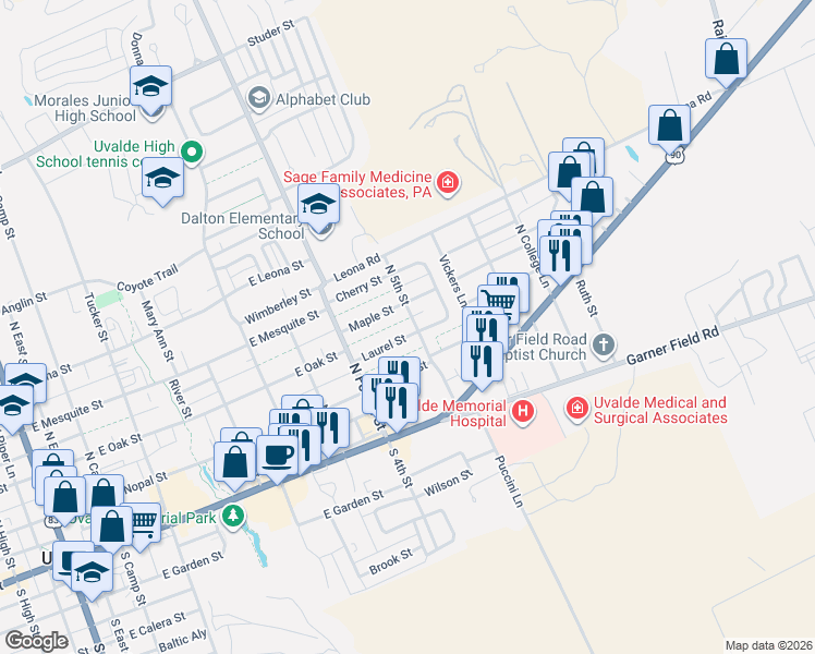 map of restaurants, bars, coffee shops, grocery stores, and more near 845 Laurel Street in Uvalde