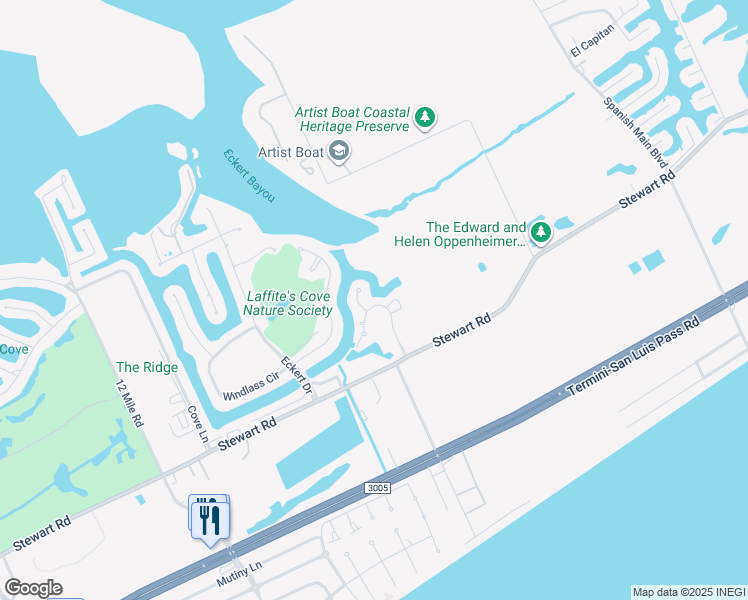 map of restaurants, bars, coffee shops, grocery stores, and more near 3630 Foremast Drive in Galveston