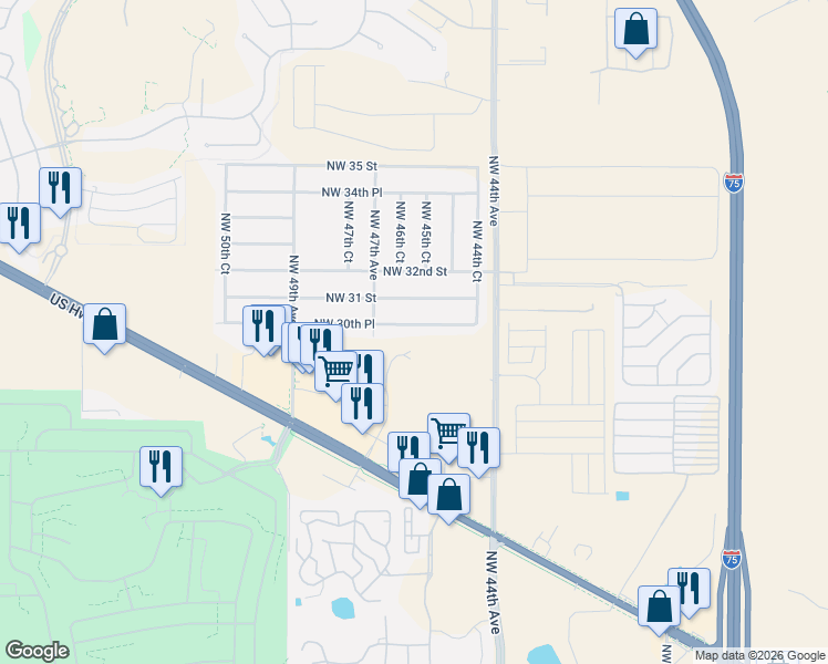 map of restaurants, bars, coffee shops, grocery stores, and more near 2951 Northwest 47th Avenue in Ocala