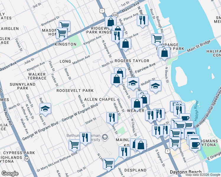 map of restaurants, bars, coffee shops, grocery stores, and more near 404 North Charles Street in Daytona Beach