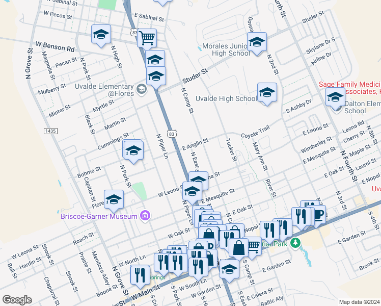 map of restaurants, bars, coffee shops, grocery stores, and more near 117 East Anglin Street in Uvalde