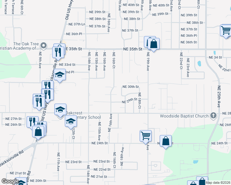 map of restaurants, bars, coffee shops, grocery stores, and more near 1611 Northeast 29th Street in Ocala