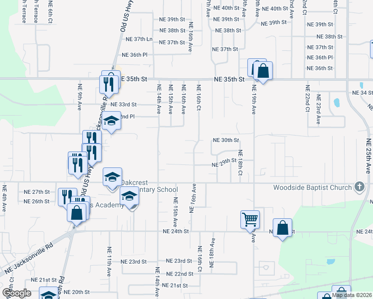 map of restaurants, bars, coffee shops, grocery stores, and more near 1519 Northeast 29th Street in Ocala