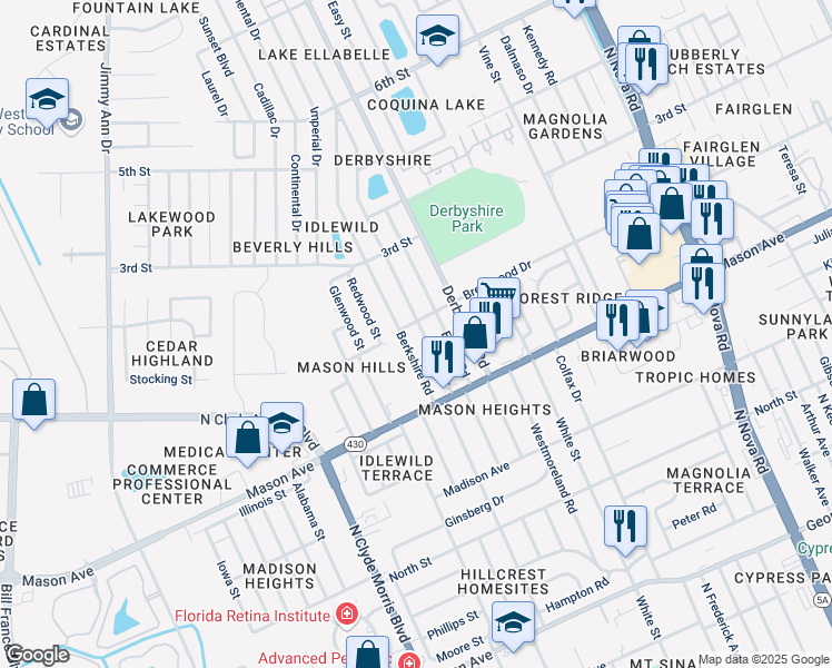map of restaurants, bars, coffee shops, grocery stores, and more near 839 Berkshire Road in Daytona Beach