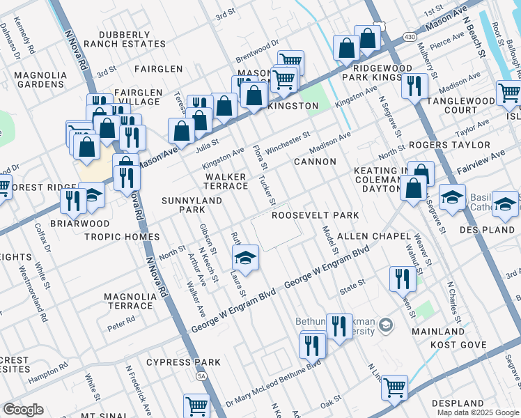 map of restaurants, bars, coffee shops, grocery stores, and more near 618 Tucker Street in Daytona Beach