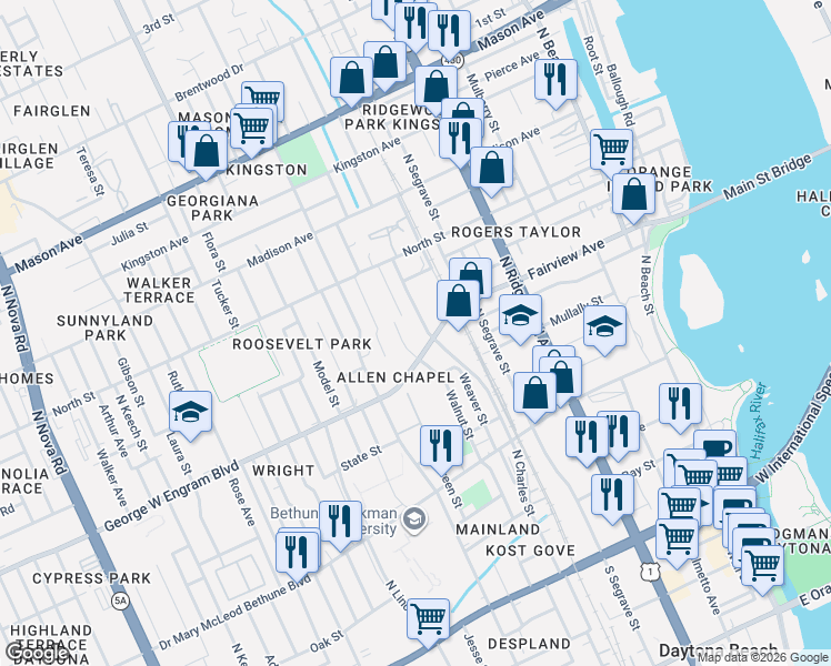 map of restaurants, bars, coffee shops, grocery stores, and more near 464 North Charles Street in Daytona Beach