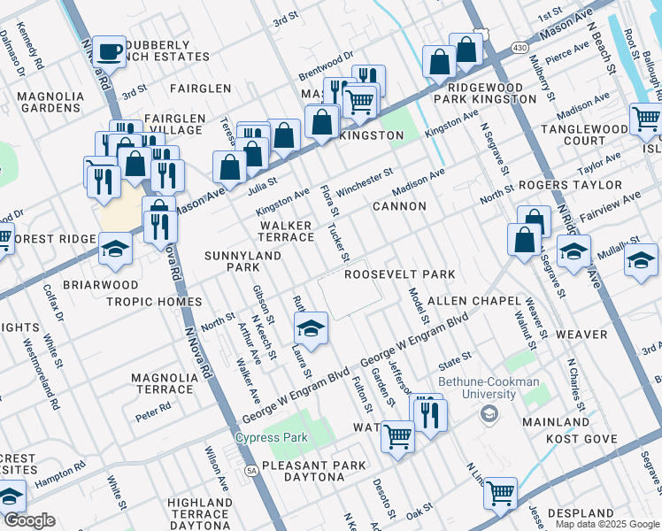 map of restaurants, bars, coffee shops, grocery stores, and more near 618 Tucker Street in Daytona Beach