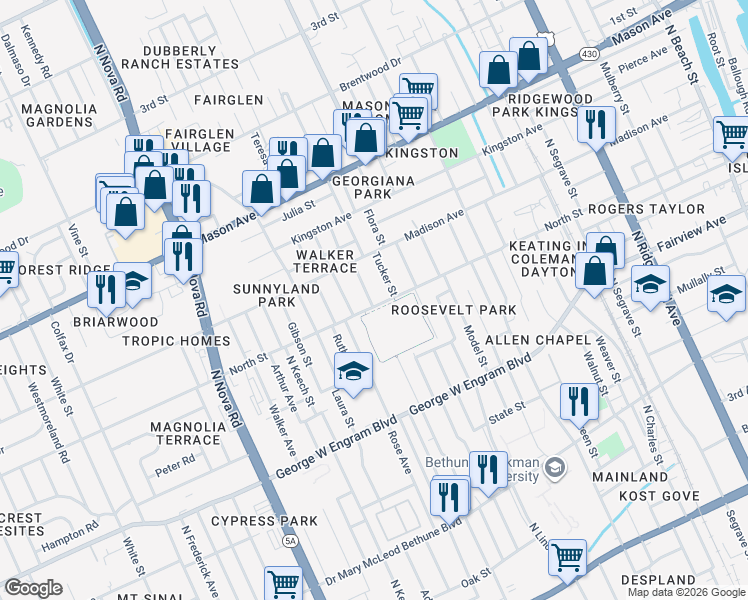 map of restaurants, bars, coffee shops, grocery stores, and more near 618 Tucker Street in Daytona Beach