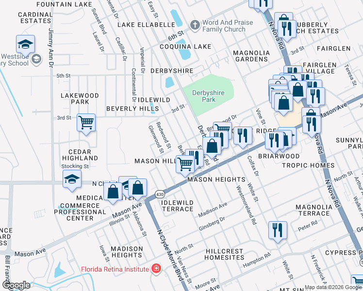 map of restaurants, bars, coffee shops, grocery stores, and more near 905 Lewis Drive in Daytona Beach