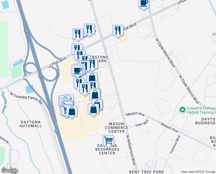 map of restaurants, bars, coffee shops, grocery stores, and more near 1321 North Williamson Boulevard in Daytona Beach