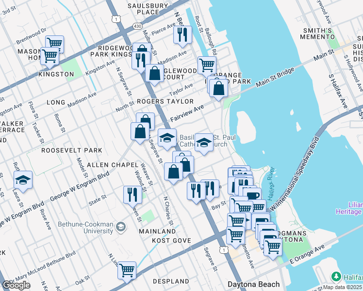 map of restaurants, bars, coffee shops, grocery stores, and more near 212 Mullally Street in Daytona Beach