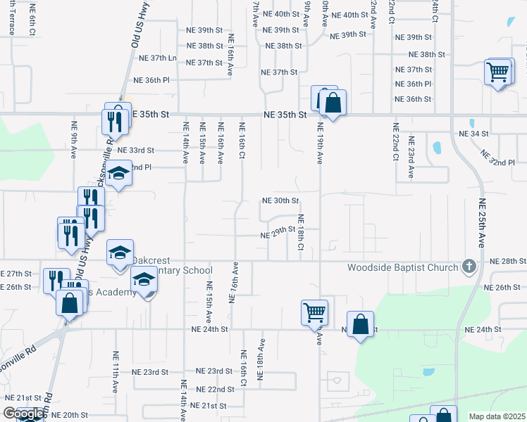 map of restaurants, bars, coffee shops, grocery stores, and more near 1801 Northeast 30th Street in Ocala