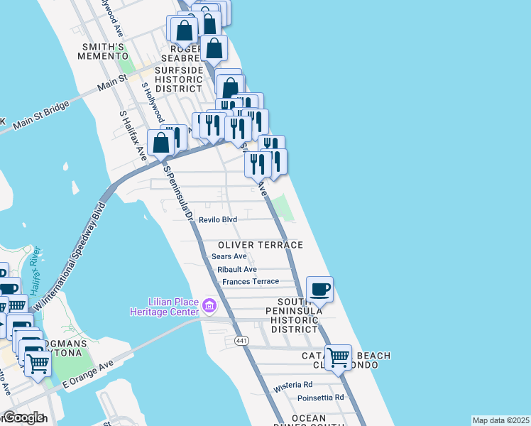 map of restaurants, bars, coffee shops, grocery stores, and more near 600 South Atlantic Avenue in Daytona Beach