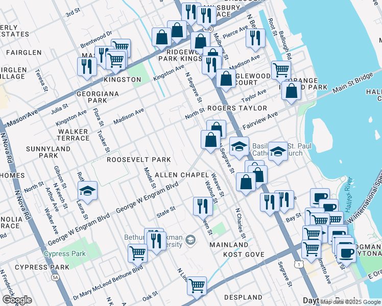 map of restaurants, bars, coffee shops, grocery stores, and more near 464 North Charles Street in Daytona Beach