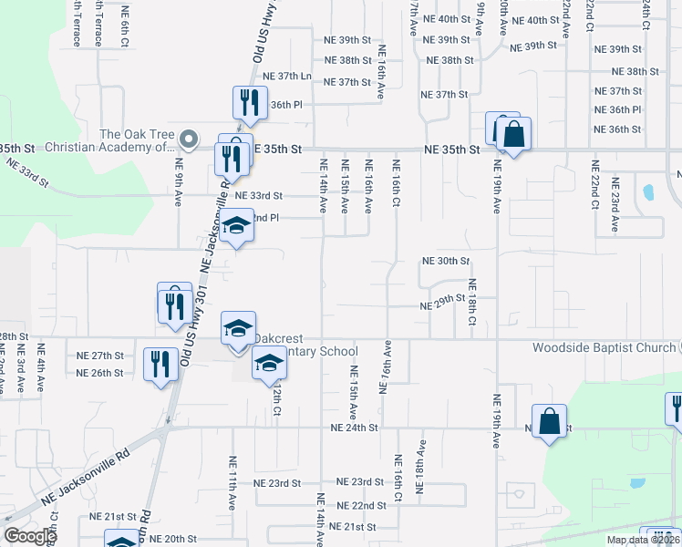 map of restaurants, bars, coffee shops, grocery stores, and more near 2947 Northeast 14th Avenue in Ocala
