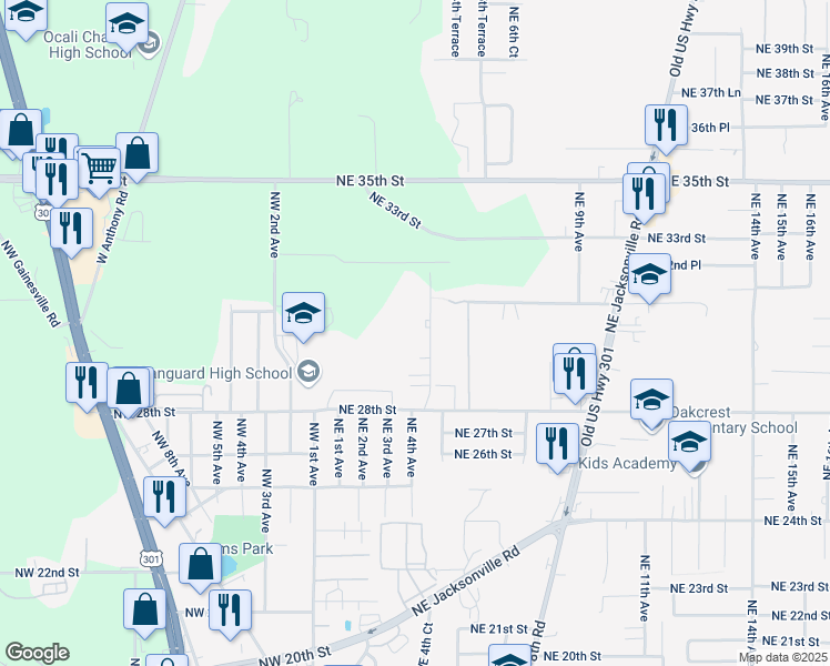 map of restaurants, bars, coffee shops, grocery stores, and more near 3085 Northeast 4th Court in Ocala