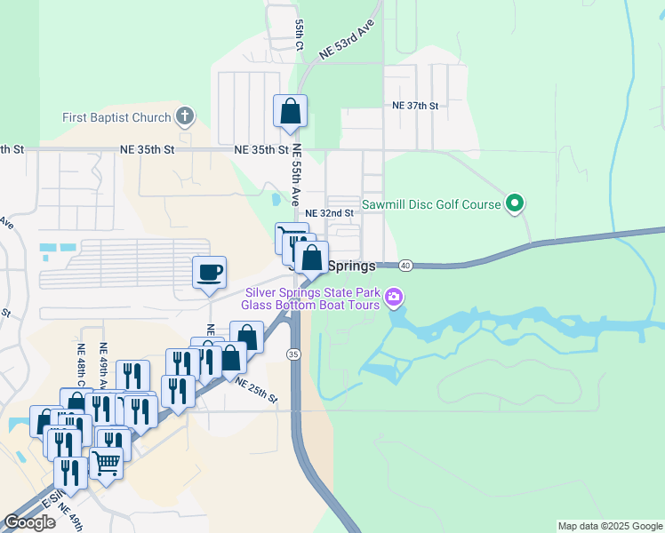 map of restaurants, bars, coffee shops, grocery stores, and more near in Silver Springs