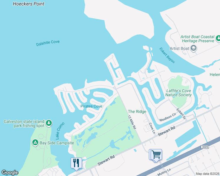 map of restaurants, bars, coffee shops, grocery stores, and more near 3236 Carthegena Way in Galveston