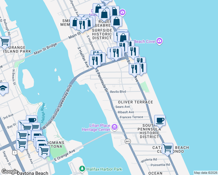 map of restaurants, bars, coffee shops, grocery stores, and more near 301 Braddock Avenue in Daytona Beach