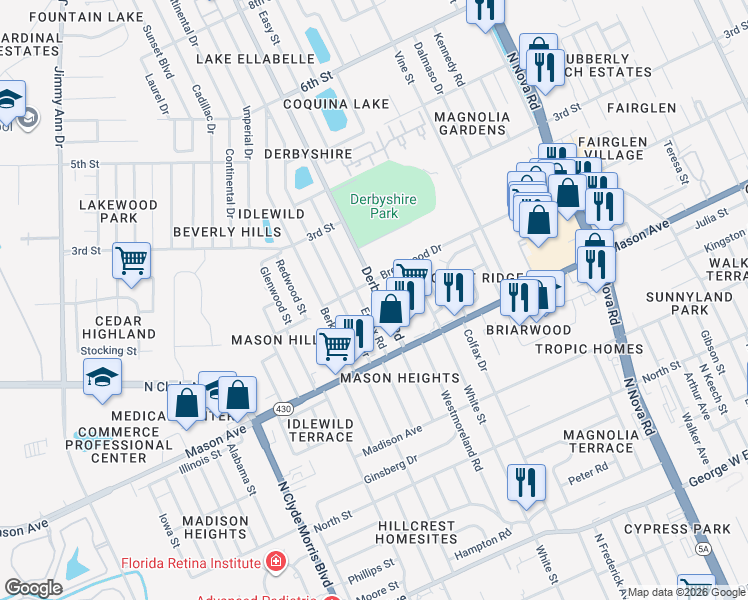 map of restaurants, bars, coffee shops, grocery stores, and more near 824 Derbyshire Road in Daytona Beach