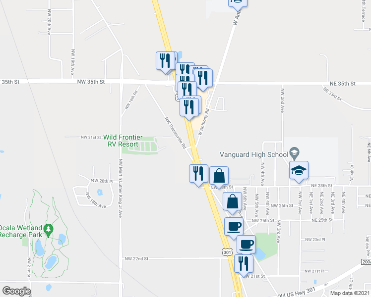 map of restaurants, bars, coffee shops, grocery stores, and more near 2875 Northwest Gainesville Road in Ocala