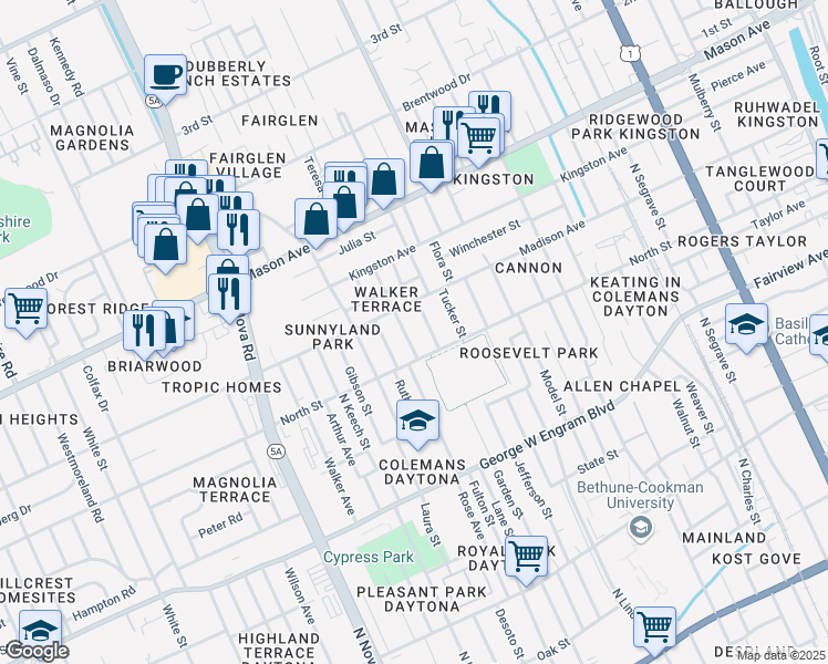 map of restaurants, bars, coffee shops, grocery stores, and more near 625 Florence Street in Daytona Beach