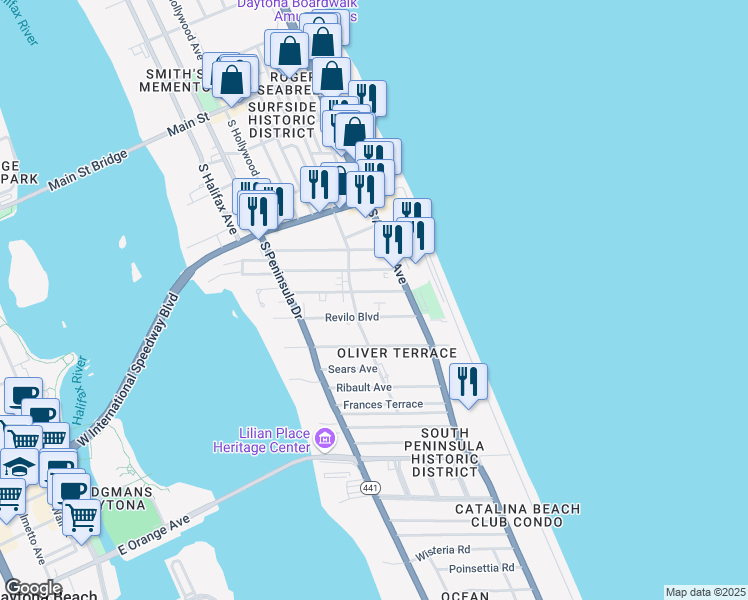map of restaurants, bars, coffee shops, grocery stores, and more near 513 Braddock Avenue in Daytona Beach