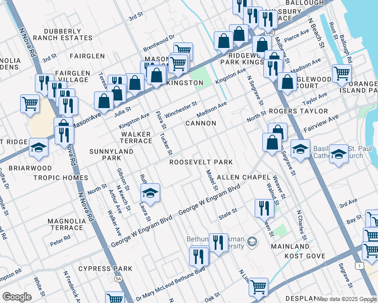 map of restaurants, bars, coffee shops, grocery stores, and more near 600 Byron Avenue in Daytona Beach