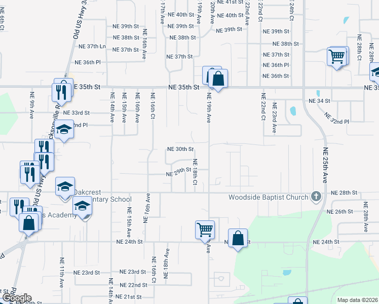 map of restaurants, bars, coffee shops, grocery stores, and more near 1817 Northeast 30th Street in Ocala