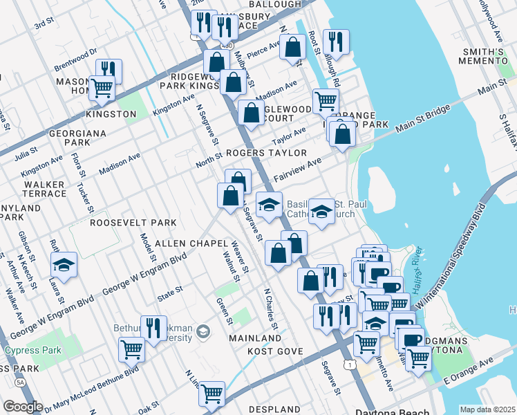 map of restaurants, bars, coffee shops, grocery stores, and more near 330 Michigan Avenue in Daytona Beach
