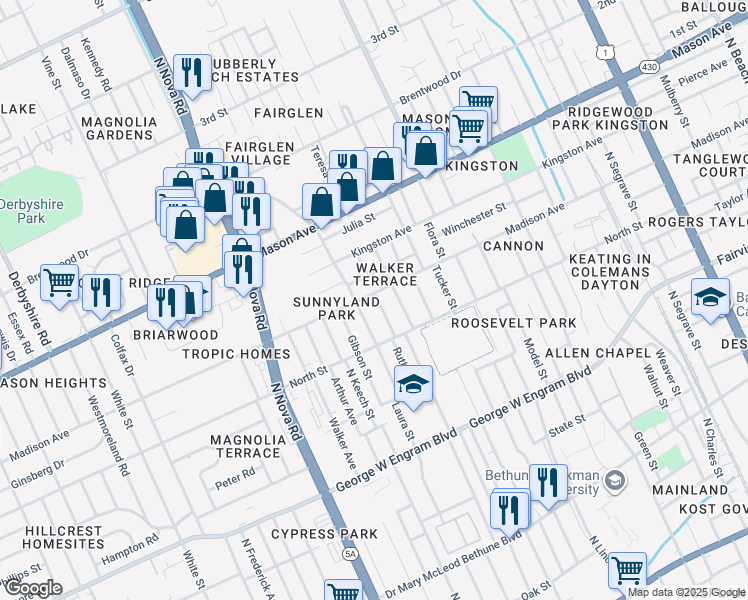 map of restaurants, bars, coffee shops, grocery stores, and more near 835 Madison Avenue in Daytona Beach