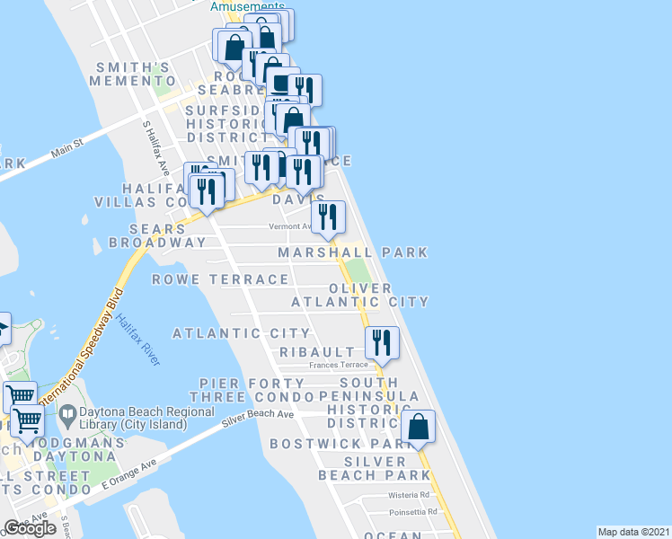map of restaurants, bars, coffee shops, grocery stores, and more near 600 South Atlantic Avenue in Daytona Beach