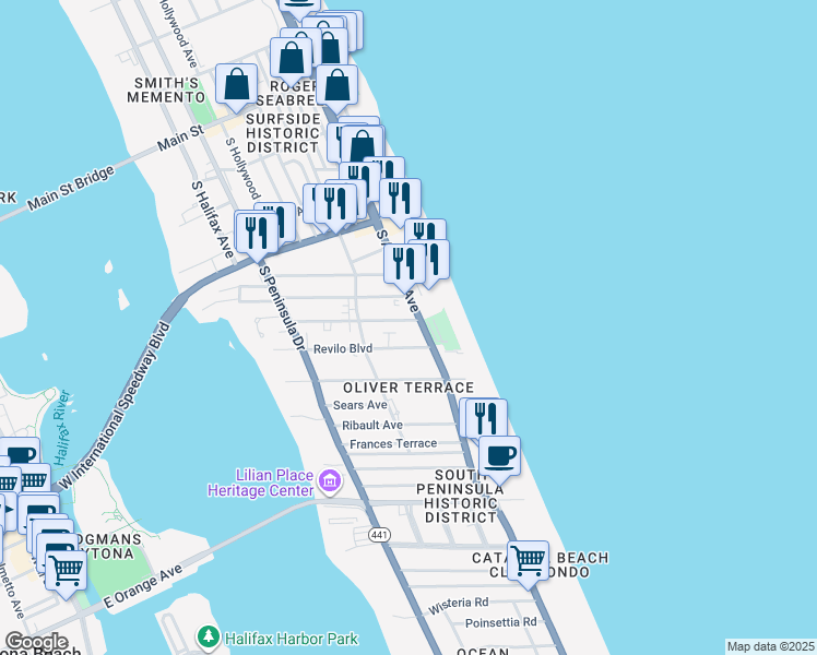 map of restaurants, bars, coffee shops, grocery stores, and more near 600 South Atlantic Avenue in Daytona Beach