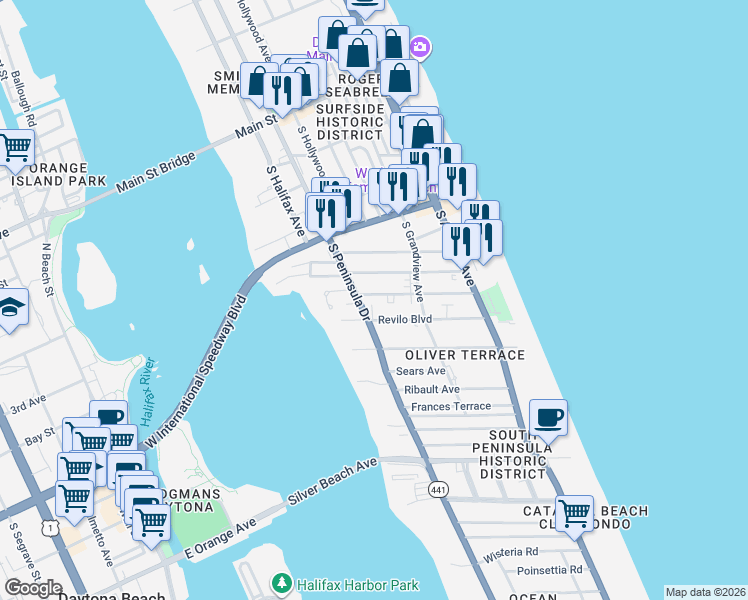 map of restaurants, bars, coffee shops, grocery stores, and more near 301 Braddock Avenue in Daytona Beach
