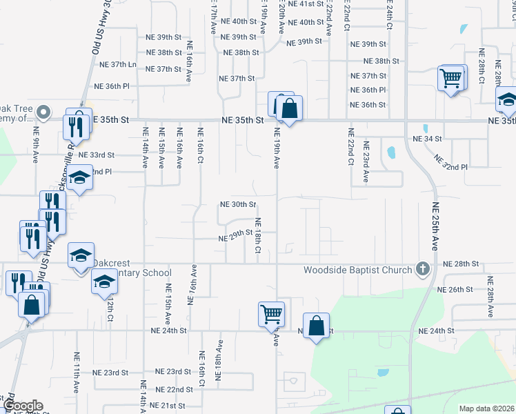 map of restaurants, bars, coffee shops, grocery stores, and more near 1817 Northeast 30th Street in Ocala