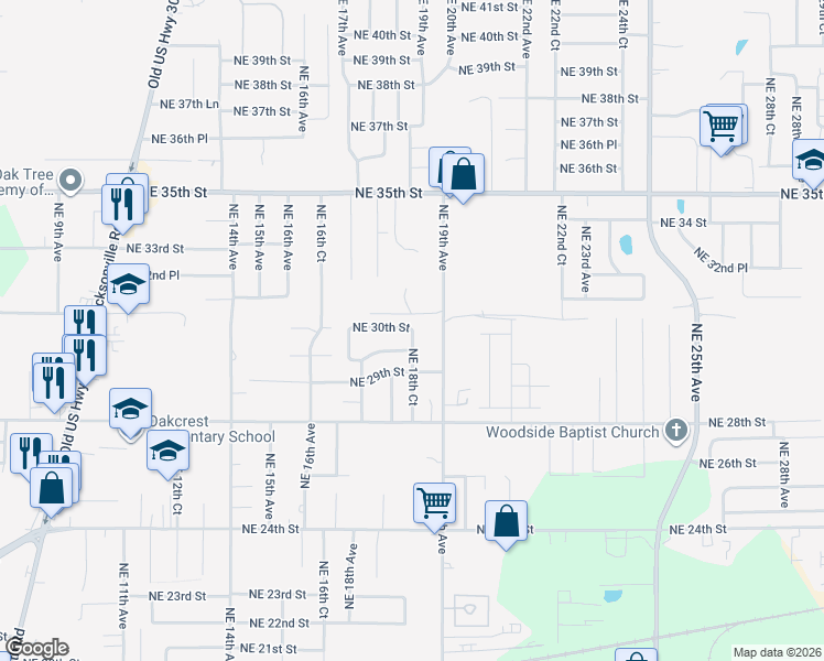 map of restaurants, bars, coffee shops, grocery stores, and more near 1817 Northeast 30th Street in Ocala